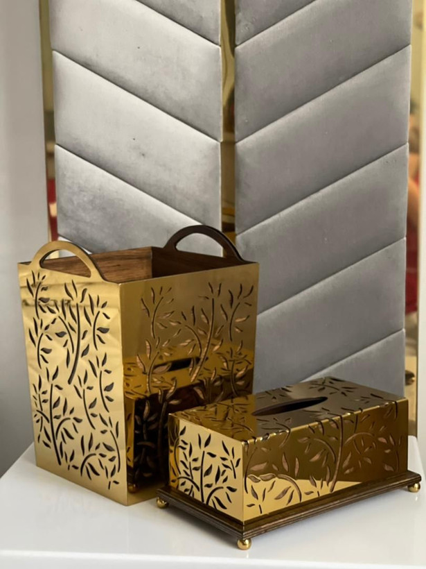 سطل و جا دستمالی فلزی آبکاری فورتیک طرح برگ ( 2 رنگ طلایی و نقره ای )