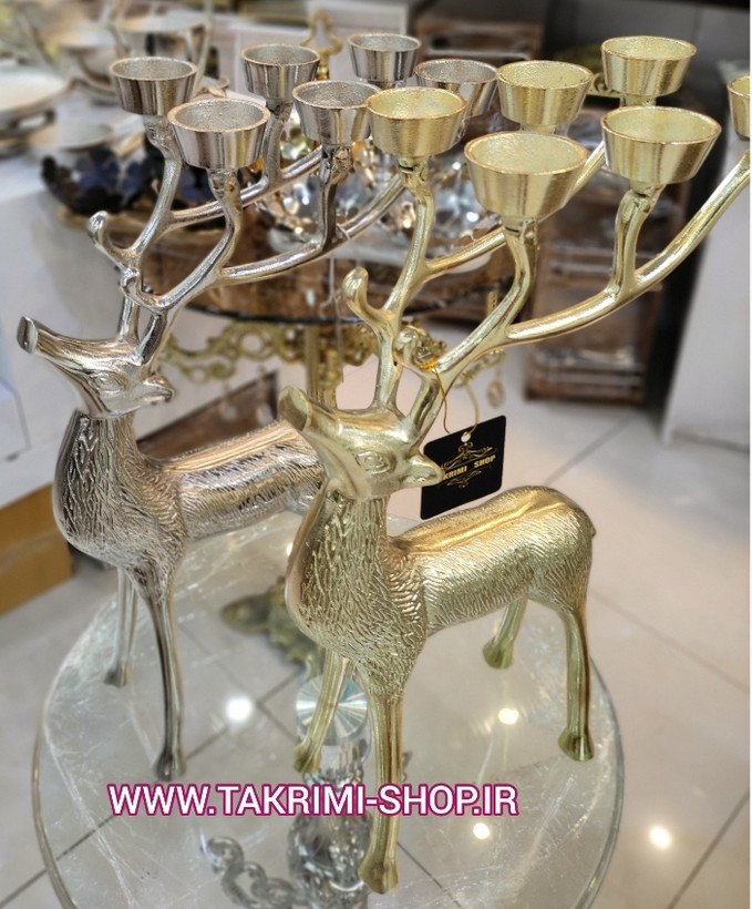 جا شمعی شمعدان 6 شعله گوزن طرح دار جنس اصلی بزرگ جنس آلومینیوم خالص ( 2 رنگ طلایی و نقره ای )