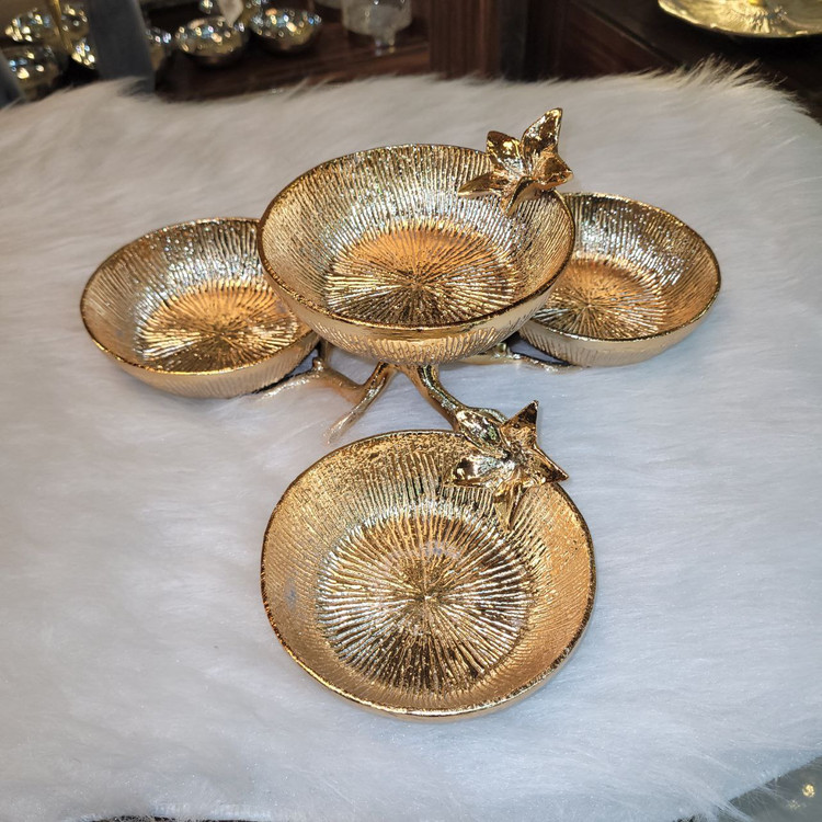اردو خوری 4 پیاله گل نسترن پایه شاخه آبکاری براق ( طلایی و نقره ای )