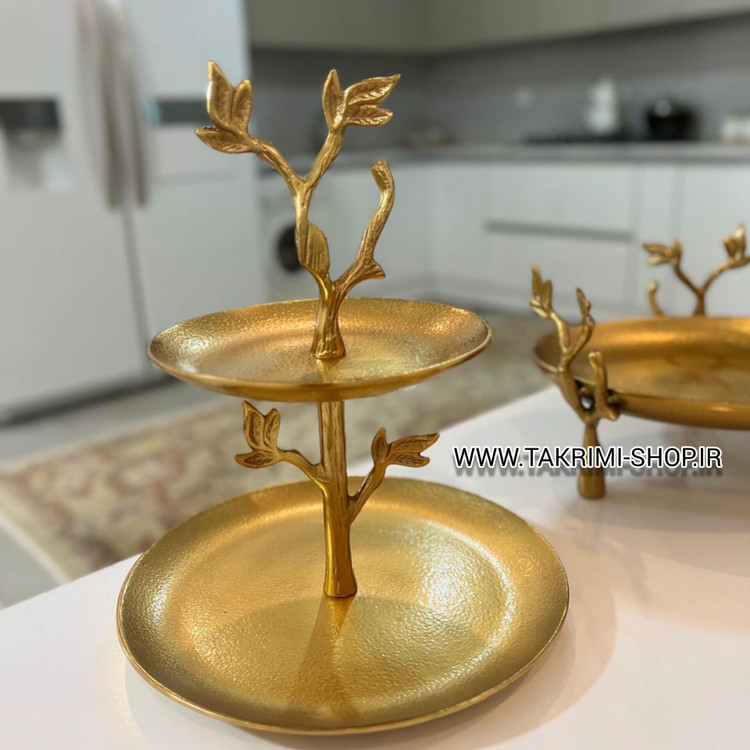 استند شیرینی خوری دو 2 طبقه گلبرگ برگ درخت آلومینیومی طلایی