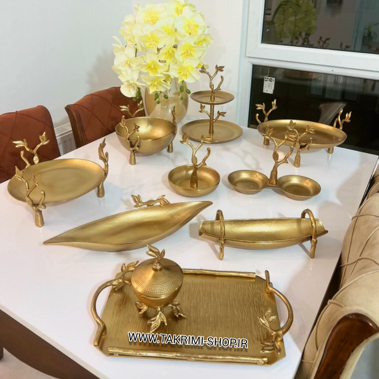 استند شیرینی خوری دو 2 طبقه گلبرگ برگ درخت آلومینیومی طلایی
