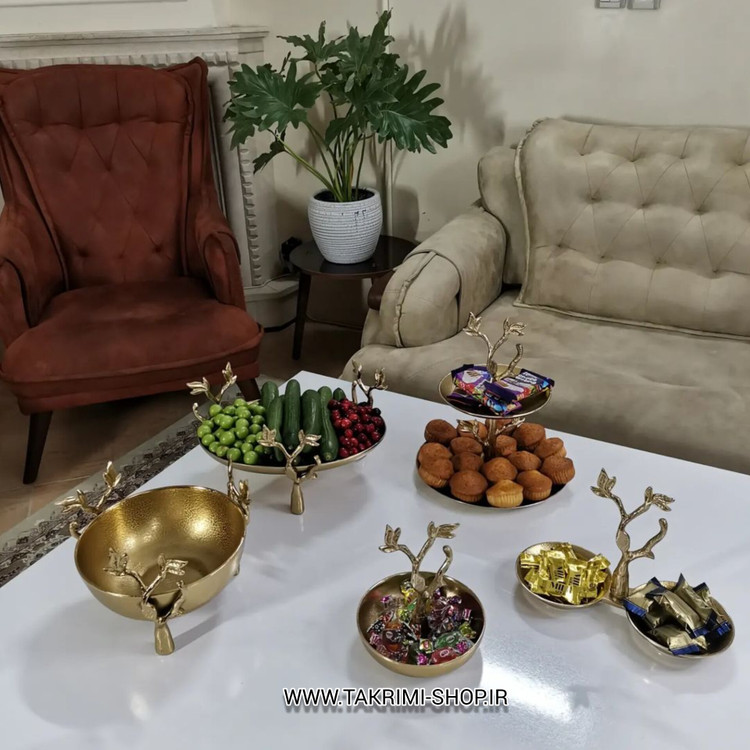 استند آجیل خوری گلبرگ برگ شاخه درختی آلومینیومی طلایی فورتیک