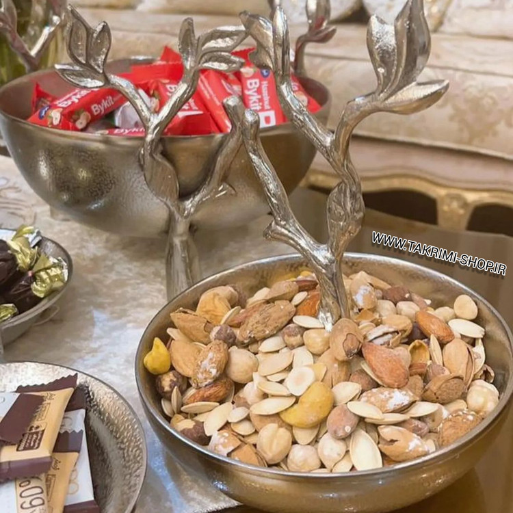 ظرف شکلات خوری تنقلات خوری شاخه گلبرگ نقره ای آلومینیومی