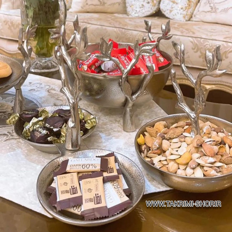 ظرف شکلات خوری تنقلات خوری شاخه گلبرگ نقره ای آلومینیومی