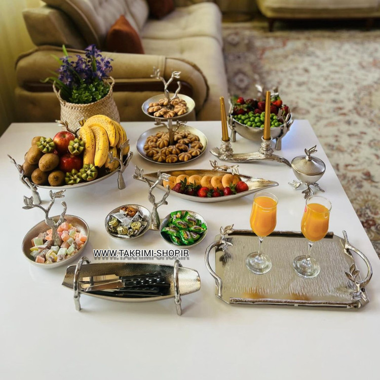 ظرف میوه خوری شیرینی خوری بیضی شاخه گلبرگ نقره ای آلومینیومی