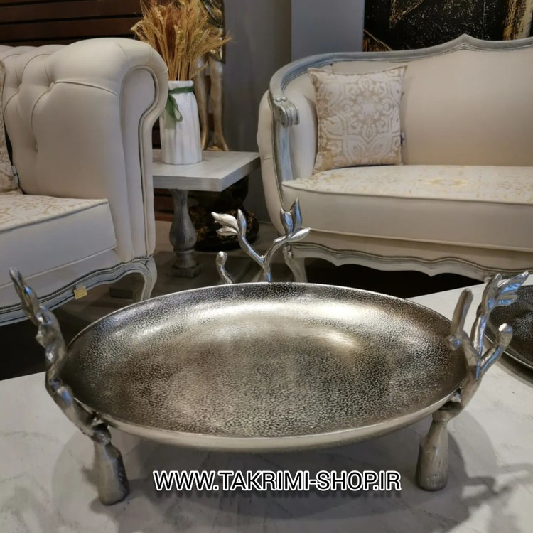 ظرف میوه خوری شیرینی خوری بیضی شاخه گلبرگ نقره ای آلومینیومی