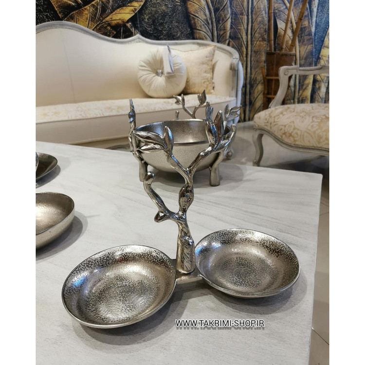 ظرف اردو خوری شکلات خوری تنقلات خوری شاخه گلبرگ نقره ای آلومینیومی