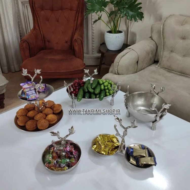 ظرف اردو خوری شکلات خوری تنقلات خوری شاخه گلبرگ نقره ای آلومینیومی
