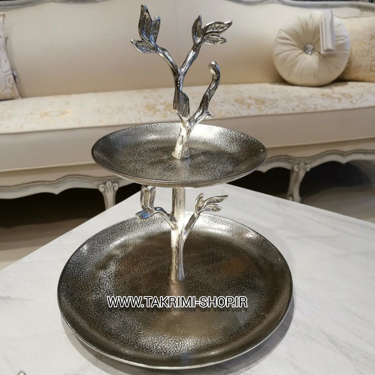 ظرف استند شیرینی خوری 2 دو طبقه شاخه گلبرگ نقره ای آلومینیومی