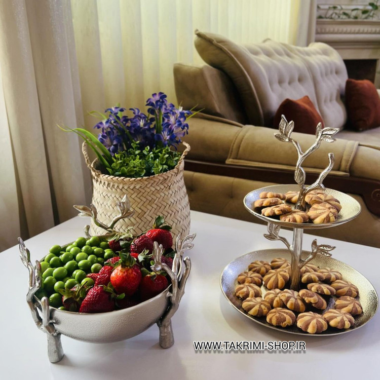 ظرف استند شیرینی خوری 2 دو طبقه شاخه گلبرگ نقره ای آلومینیومی