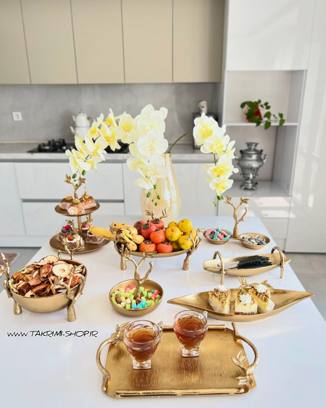 استند آجیل خوری گلبرگ برگ شاخه درختی آلومینیومی طلایی فورتیک