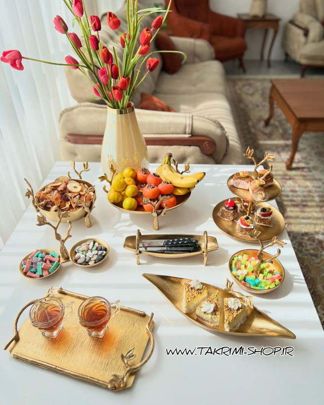 استند شیرینی خوری دو 2 طبقه گلبرگ برگ درخت آلومینیومی طلایی
