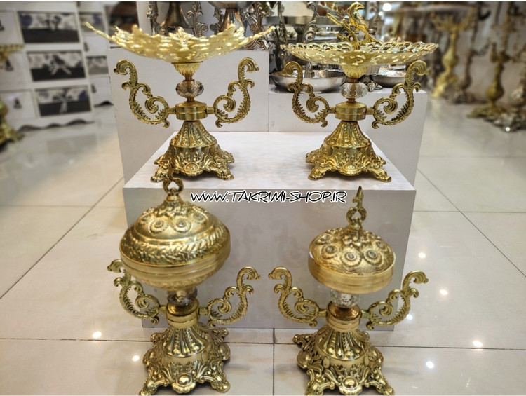 سرویس پذیرایی 4 چهار تکه دسته دار سلطنتی ( با آجیل خوری کوچک و شکلات خوری کوچک ) آلیاژی آلومینیومی
