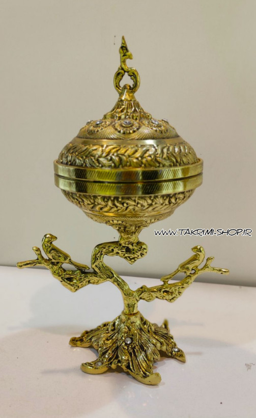 ظروف ست سرویس پذیرایی چهار 4 تکه پارچه سلطنتی جوجه گنجشک پرنده با پایه ریشه درخت طرح برنجی