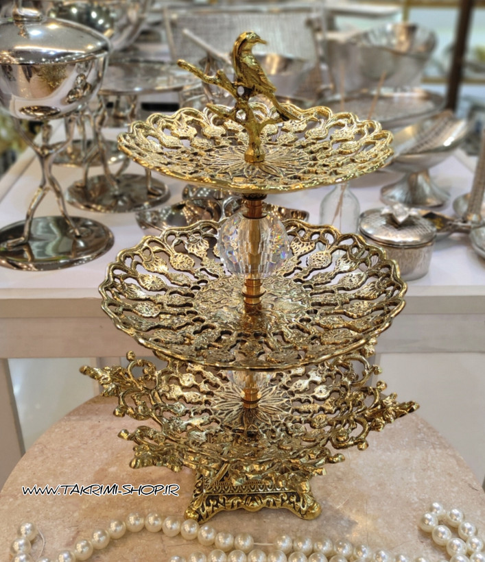 شیرینی خوری یا میوه خوری 3 سه طبقه سلطنتی طرح برنجی ( تکریمی شاپ )