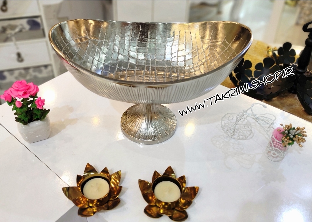 ظرف کاسه کشکول میوه خوری بیضی مدل چرمی پوست ماری آلومینیومی ( تکریمی شاپ )
