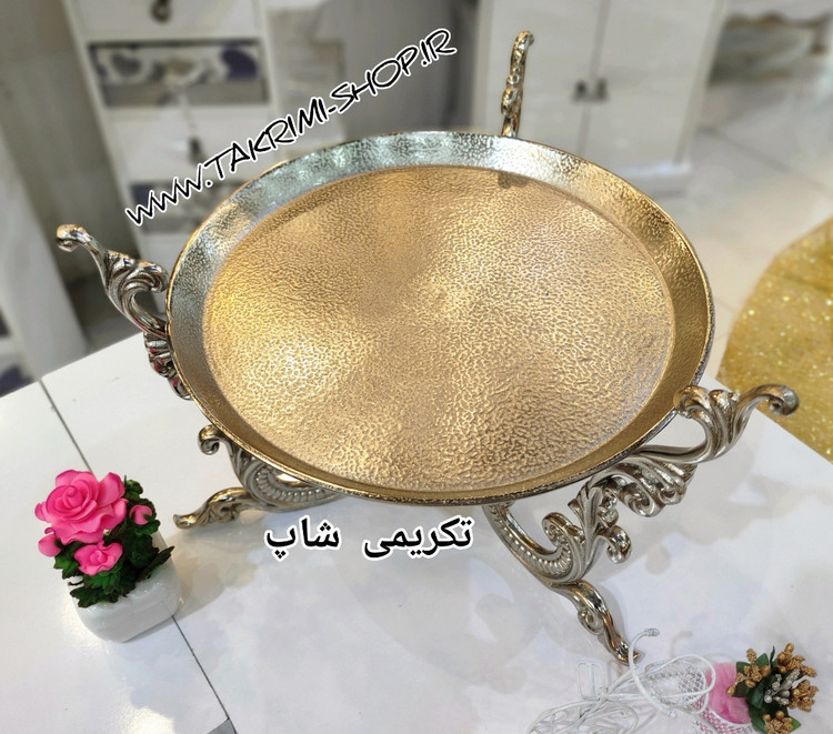 استند ظرف شیرینی خوری دسته دار سلطنتی کلاسیک یاس نقره ای آلومینیومی ( تکریمی شاپ )