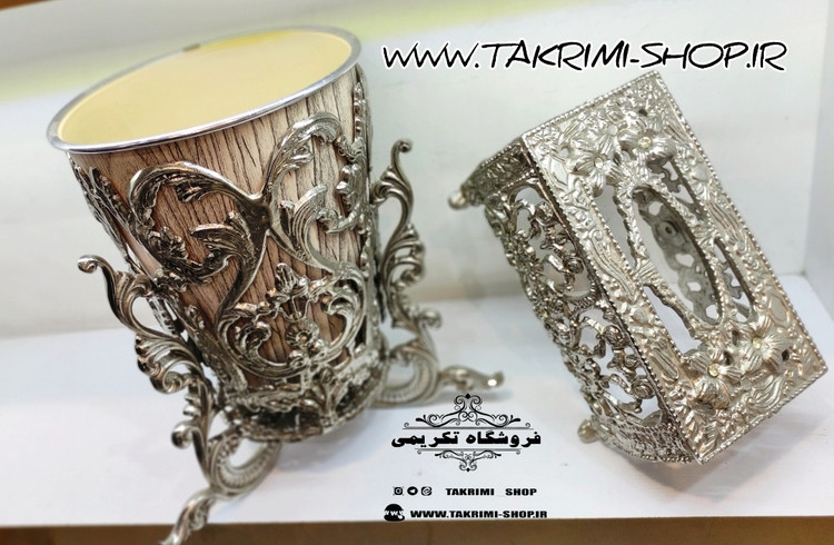 ست سطل و جای دستمالی جادستمالی سلطنتی پایه کوتاه نقره ای یاس آلیاژی آلومینیومی ( تکریمی شاپ )