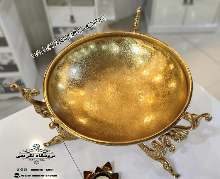 ظرف کاسه میوه خوری دسته دار سلطنتی کلاسیک یاس طلایی آلومینیومی ( تکریمی شاپ )