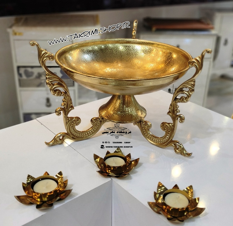 ظرف کاسه میوه خوری دسته دار سلطنتی کلاسیک یاس طلایی آلومینیومی ( تکریمی شاپ )