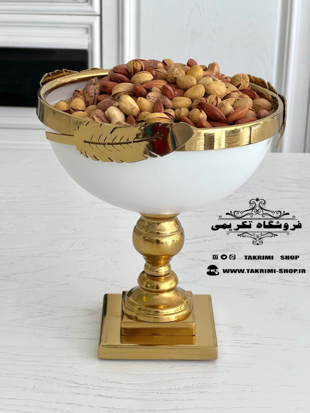 ست سرویس پذیرایی 3 تکه پارچه برگ نگار پایه دار سفید طلایی ( تکریمی شاپ )