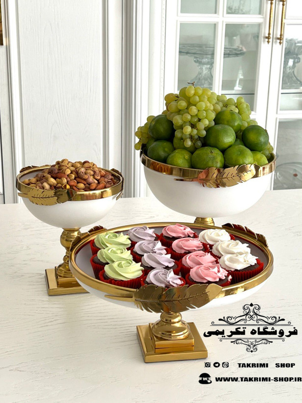 ست سرویس پذیرایی 3 تکه پارچه برگ نگار پایه دار سفید طلایی ( تکریمی شاپ )