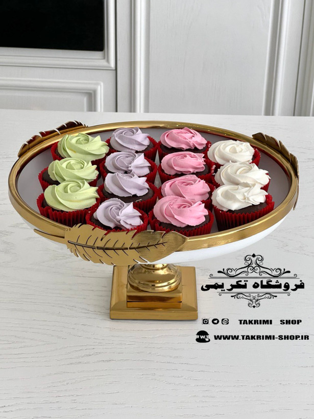 ست سرویس پذیرایی 3 تکه پارچه برگ نگار پایه دار سفید طلایی ( تکریمی شاپ )