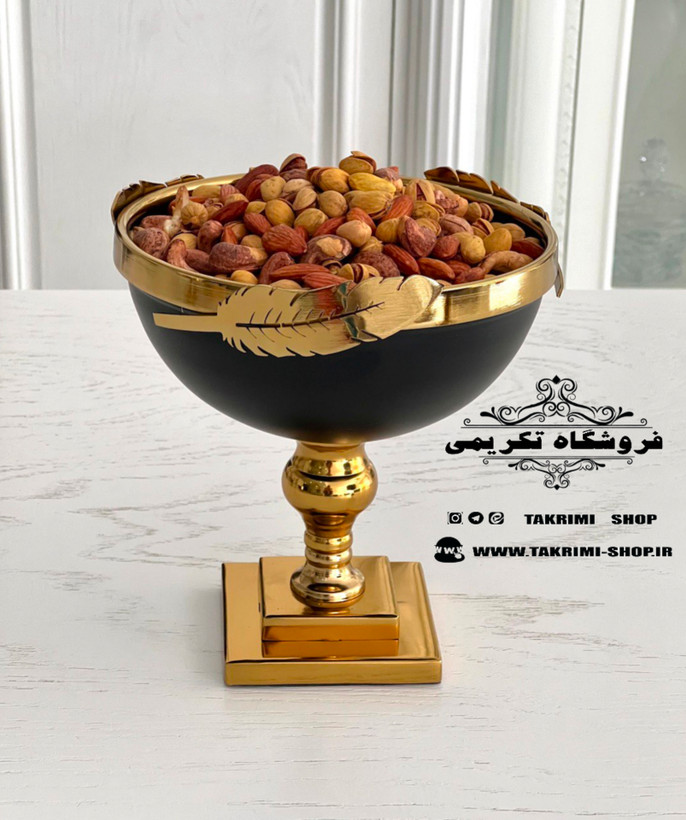 ست سرویس پذیرایی 3 تکه پارچه برگ نگار پایه دار مشکی طلایی ( تکریمی شاپ )