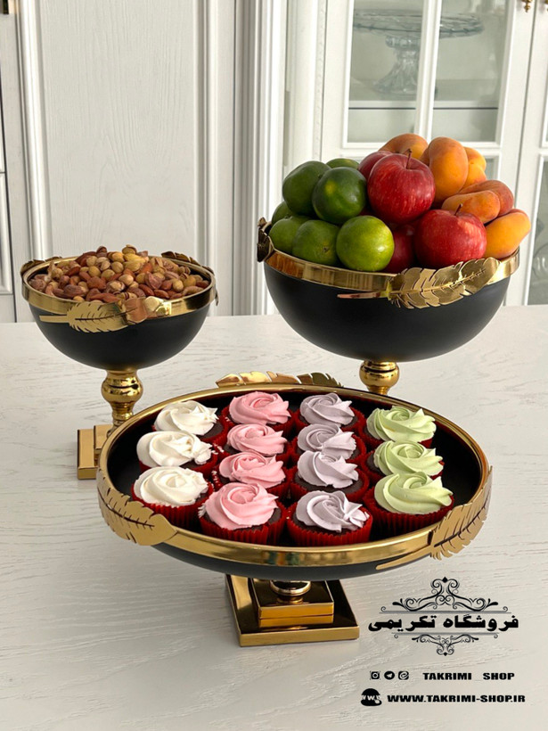 ست سرویس پذیرایی 3 تکه پارچه برگ نگار پایه دار مشکی طلایی ( تکریمی شاپ )