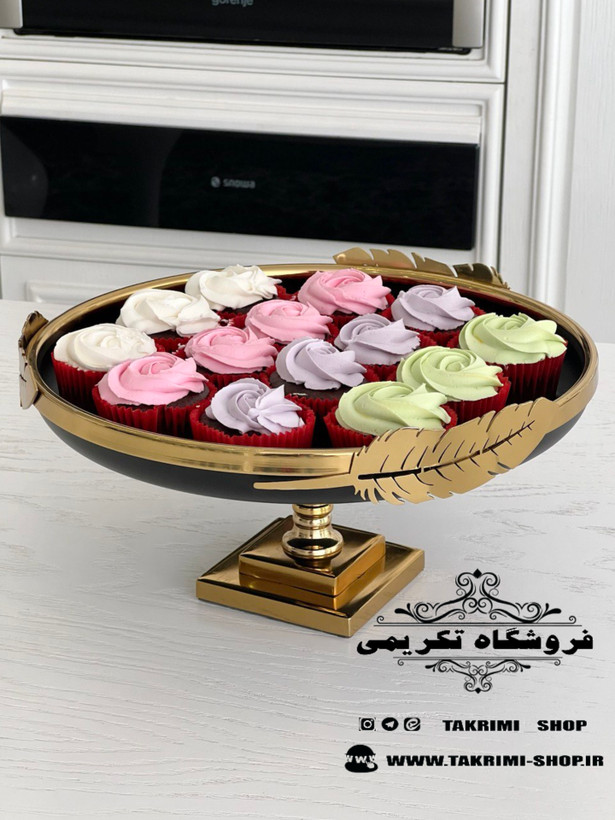 ست سرویس پذیرایی 3 تکه پارچه برگ نگار پایه دار مشکی طلایی ( تکریمی شاپ )