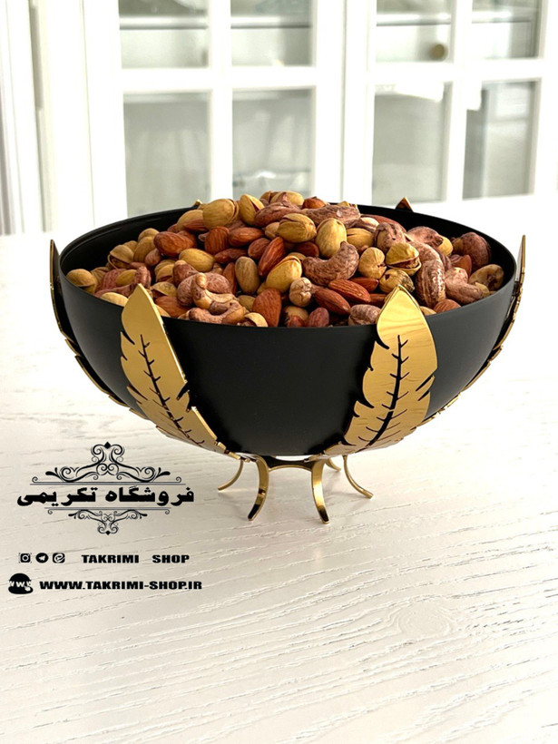 ست سرویس پذیرایی 3 تکه پارچه ( شامل میوه ، شیرینی ، آجیل خوری ) برگ کرشمه مشکی طلایی ( تکریمی شاپ )