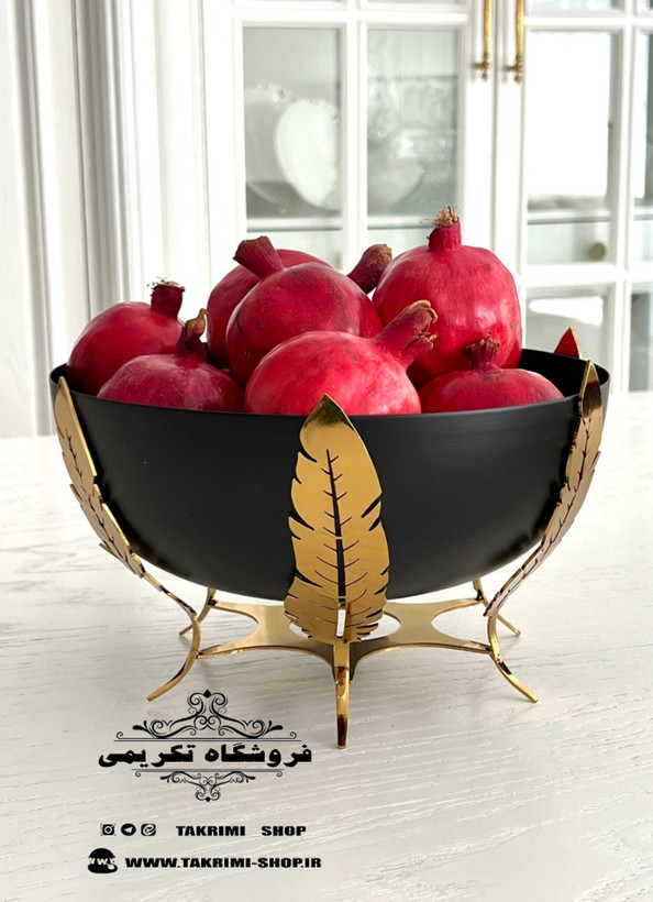 ست سرویس پذیرایی 3 تکه پارچه ( شامل میوه ، شیرینی ، آجیل خوری ) برگ کرشمه مشکی طلایی ( تکریمی شاپ )
