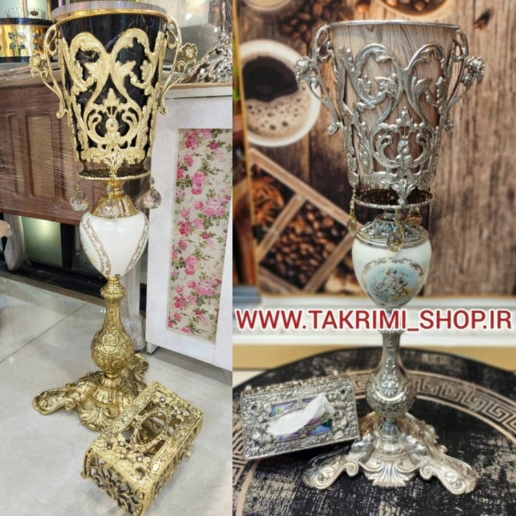 سطل و جا دستمال کنار سالنی بزرگ حباب دار ( موجود در دو رنگ طلایی و نقره ای )