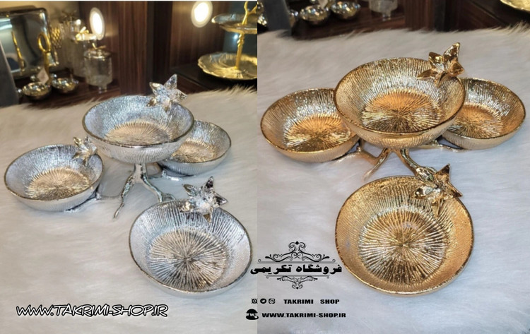 اردو خوری 4 پیاله گل نسترن پایه شاخه آبکاری براق ( طلایی و نقره ای )