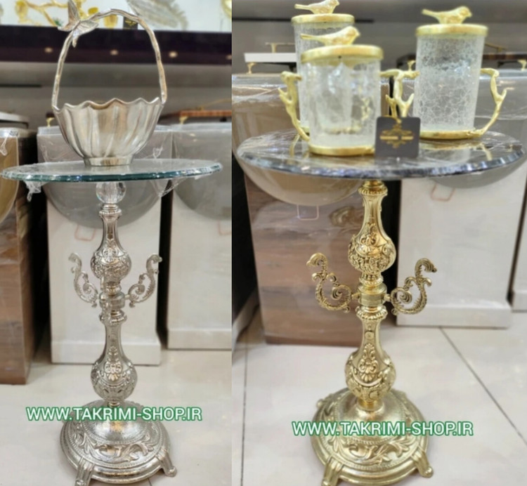 میز تلفن یا میز خاطره نقلی کنار سالنی ( طلایی و نقره ای )