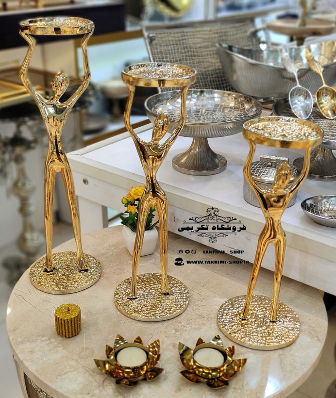 شمعدان شمع دان جاشمعی جا شمعی 3 سایز آدمک بالرین طلایی آلومینیوم خالص ( تکریمی شاپ )