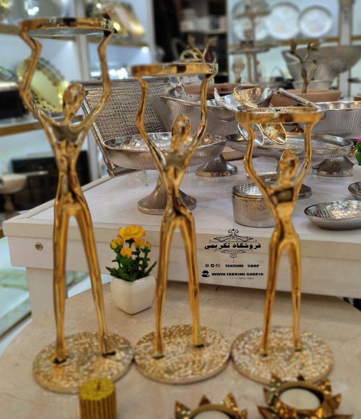 شمعدان شمع دان جاشمعی جا شمعی 3 سایز آدمک بالرین طلایی آلومینیوم خالص ( تکریمی شاپ )