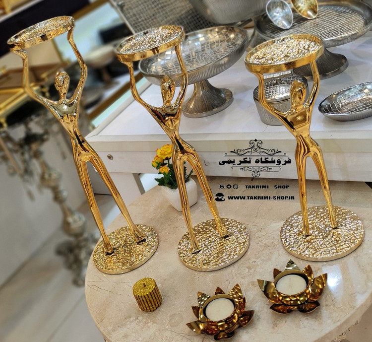 شمعدان شمع دان جاشمعی جا شمعی 3 سایز آدمک بالرین طلایی آلومینیوم خالص ( تکریمی شاپ )