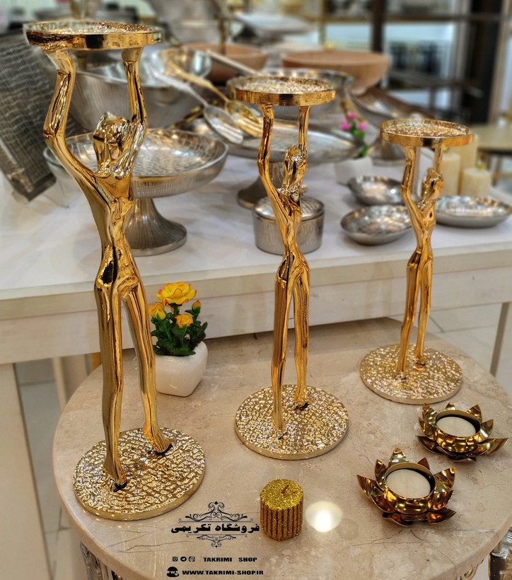 شمعدان شمع دان جاشمعی جا شمعی 3 سایز آدمک بالرین طلایی آلومینیوم خالص ( تکریمی شاپ )