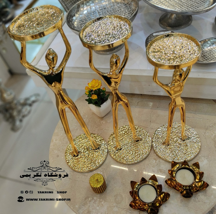 شمعدان شمع دان جاشمعی جا شمعی 3 سایز آدمک بالرین طلایی آلومینیوم خالص ( تکریمی شاپ )