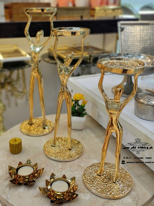 شمعدان شمع دان جاشمعی جا شمعی 3 سایز آدمک بالرین طلایی آلومینیوم خالص ( تکریمی شاپ )