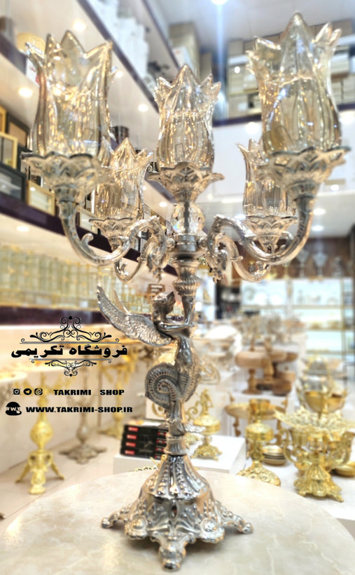 شمعدان شمعدون شمع دان شمع دون 5 شعله پنج شاخه فرشته سلطنتی آلومینیومی آلیاژی نقره ای ( تولیدی تکریمی شاپ )