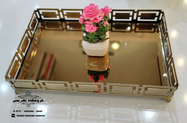 سینی مستطیل فلزی سایز متوسط کف آینه آیینه ای آنتیک ارجینال ( تکریمی شاپ )