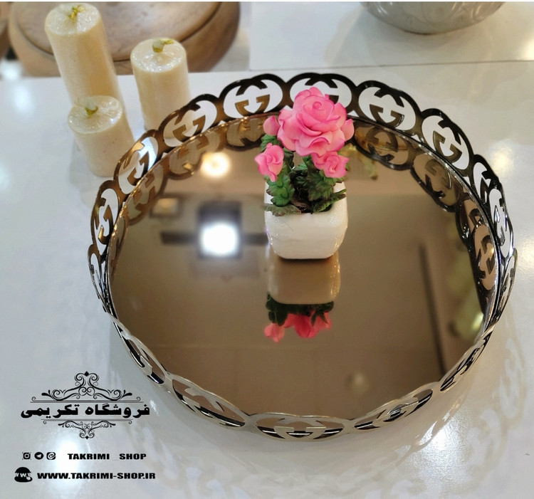 سینی فلزی گرد دایره ای کف آینه ای طرح جی ( آنتیک ) تکریمی شاپ