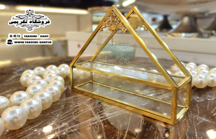 جادستمالی جا دستمالی رو میزی رومیزی مثلثی جنس شیشه و برنج ( تولیدی تکریمی شاپ )