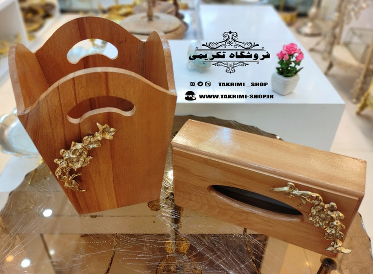 جا سطل و دستمالی ستل ودستمالی کاغذی ( باهم ) چوب طبیعی راش قابل شستشو ( تکریمی شاپ )
