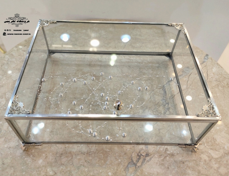 باکس شیشه ای خواستگاری ( کوچک ) خاستگاری شیرینی مینی کاپ کیک باقلوا درب دار مستطیل نقره ای جنس شیشه ای و استیل خالص