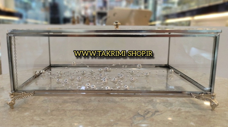 باکس شیشه ای خواستگاری ( کوچک ) خاستگاری شیرینی مینی کاپ کیک باقلوا درب دار مستطیل نقره ای جنس شیشه ای و استیل خالص