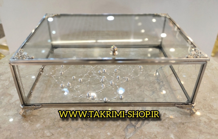 باکس شیشه ای خواستگاری ( کوچک ) خاستگاری شیرینی مینی کاپ کیک باقلوا درب دار مستطیل نقره ای جنس شیشه ای و استیل خالص