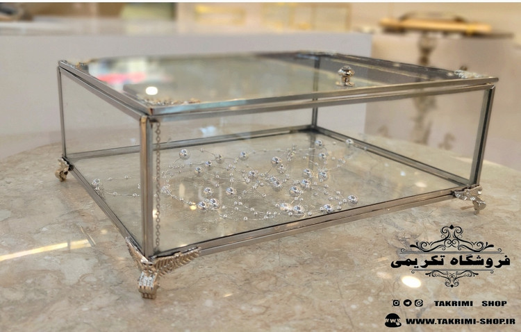 باکس شیشه ای خواستگاری ( کوچک ) خاستگاری شیرینی مینی کاپ کیک باقلوا درب دار مستطیل نقره ای جنس شیشه ای و استیل خالص